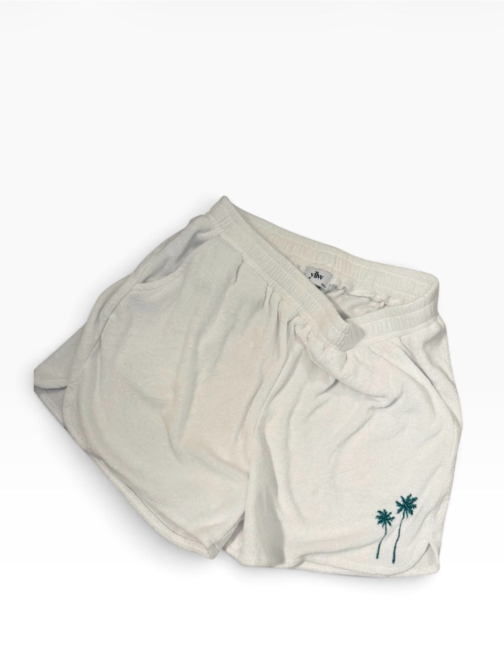 Viral YLLW brand White Terry Shorts with Palm Embroidery
